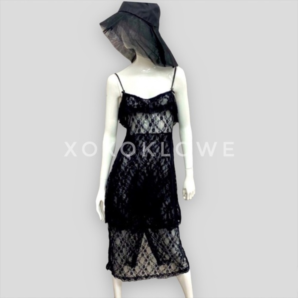 POL Black Sheer Lace Ruffle Tiered Layering Slip